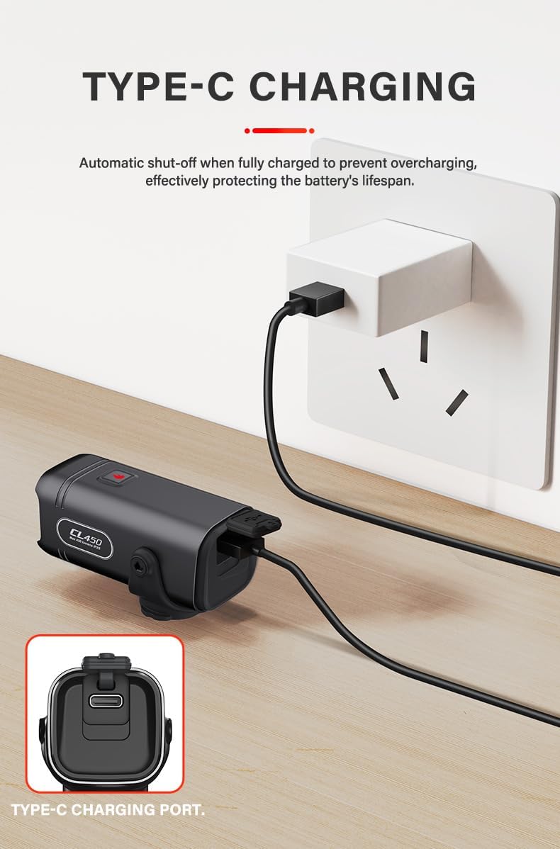 TOWILD CL450 Bike Lights for Night Riding, 450 Lumens, USB-C Rechargeable, Aluminum Alloy, IPX6 Waterproof - Image 5